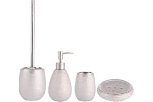 MSV Badezimmer Set, 4-teiliges Badzubehör aus Keramik Oman, Seifenspender, WC Bürste, Seifenschale und Zahnputzbecher Silber