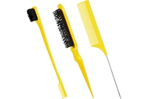 GEISERAILIE 3 Pcs Set de Brosse à Cheveux de Bord en Poils Brosse à Bord Double Face Peigne à Dos Lisse Peigne à Double Tranchant Peigne à Queue de Rat pour Femme Enfant Bébé (Jaune)