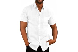 Friptspyg Hombre Camisa de Algodón y Lino para Manga Corta Ajuste Regular Casual de Playa con Bolsillo Camisa de Verano