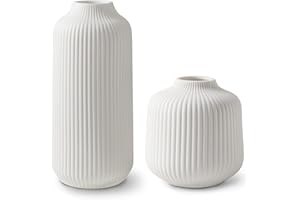 ‎FLATURE flature Keramik Vasen mit Rillen - Vasen Deko modern für Pampasgras, Boho Deko für Fensterbank, Vasen Set Weiß Matt für Flowers, Blumenvase als Wohnungsdeko für frische Blumen, Trockenblumen, 2er Set