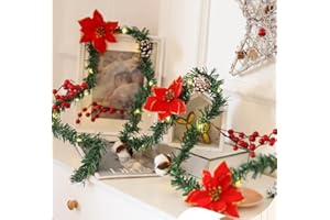 DUOJIN Sztuczna świąteczna girlanda z 30 światłami LED, Bateria obsługiwana z szyszkami sosnowymi, czerwone jagody, igły sosnowe, 3m girlandy świąteczne do wewnętrznych dekoracji świątecznych kominków