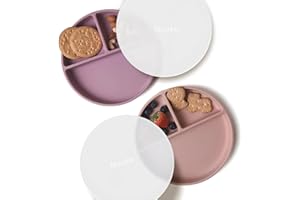 ‎MOONKIE Moonkie Talerze z przyssawką dla niemowląt i małych dzieci | Silikonowe talerze dzielone z pokrywką, wolne od BPA-Free, bezpieczne w kuchence mikrofalowej i zmywarce - 2 Pack (Pale Mauve/Blush)