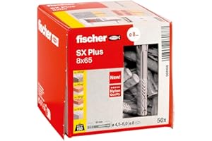 fischer Kołek rozporowy SX 8 Plus x 65, pudełko z 50 kołkami nylonowymi, kołki rozporowe zapewniające optymalną przyczepność w przypadku mocowań w betonie, cegle pełnej, betonie porowatym, cegle o