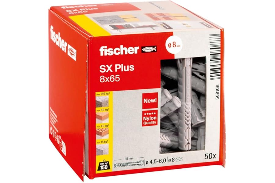 fischer 568108 SX Plus Expansion Wall Plug, 8mm x 65mm, Pack of 50