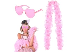 Colorful Feather Boas, Feather Boas with Heart Rimless Sunglasses, 6.6ft/2M Natural Turkey Feathers Fancy Dress, Feather Scarf for Dancing Wedding Party Cosplay Carnival Halloween (Pink)