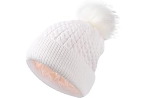 SHINCHIC Womens Winter Satin Lined Beanie Hat Cuffed Cable Knit Detachable Faux Fur Pompom Silky Lined Warm Cap