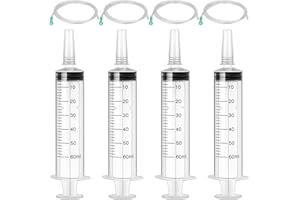 FISHING FUN 4 Pack 60ml Plastic Syringe with Hose for Scientific Labs, Garden Watering, Measuring Fluids, Animal Feeding, Plant Watering