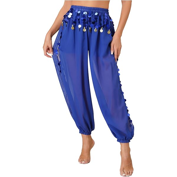Pantaloni Harem Danza Del Ventre In Chiffon E Paillettes - Spacco Laterale, Vita Alta - Taglia Unica - Foto 4