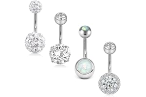 FECTAS 3pcs Silver Belly Button Ring Top Zirconia 316L Surgical Steel 14G Navel Bars Piercing Jewellery