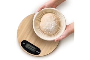 NK Báscula de Cocina Digital Redonda de Bambú - Pantalla LCD, Medición Precisa hasta 5 kg, Multiformato, Control por Botones