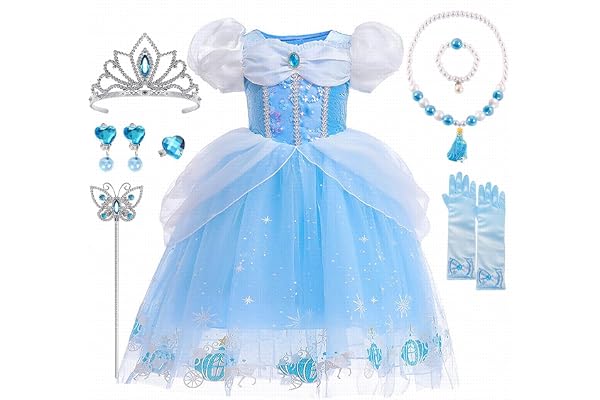 Robe Princesse Fille, Deguisement Princesse Bleu avec Collier Ensemble | Costume Carnaval Enfant, Cadeau pour Fille, Deguisement Princesse Bleu pour Carnaval, Halloween, Anniversaire et Fête