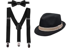 IWEMEK Kid Y-Back Adjustable Brace Suspender Pre-Tied Bowtie Short Trim Fedora Hat 3PCS Outfit for Boys/Girls