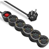 EXTRASTAR Power Strip with 5 Sockets, Extension Cable 1.5 Metres and Switch, Black