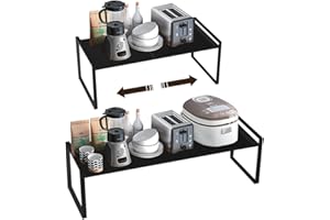Isyunen Porta Piatti e Stoviglie Allungabile, Mensole Salvaspazio Cucina, Organizer Credenza per Cibo e Utensili in Metallo Nero