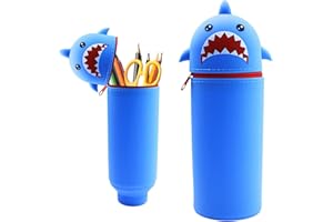 Wydexint Kawaii Federmäppchen, Mäppchen, 2-in-1 Weiche Silikontasche, Federmäppchen, Stand Up Federmäppchen, Tier Stifthalter, Cartoon Bleistifthalter Für Mädchen Und Jungen (Blauer Hai)