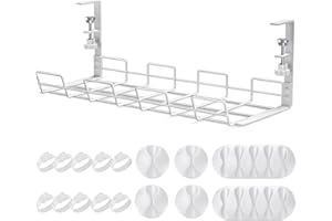 TYRKUIY No Drill to Desk Cable Management Tray, 1 PCAK Cable Racks Under Desk Cable Organizer for Wire Management, Sturdy Metal Cable Tray Basket for Office and Home Standing Desk-White