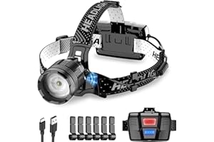 PEAKRO Linterna Frontal LED Recargable, 90000 Lúmenes Alta Potencia Linterna de Cabeza 3 Modos con Sensor, 9000mAh Linterna Frontal Zoom Ajustable Impermeable IP65 para Campeggio Senderismo