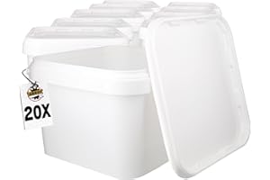 FIXEDBYU Lot de 20 seaux avec couvercle - 3 l - Blanc - Carré - En plastique alimentaire, hermétique et stable - Seau vide avec poignée et couvercle - Pour colles chimiques alimentaires