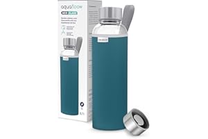 Aquafloow Borraccia con Custodia 700 ml, in Vetro borraccia acqua Borosilicato Trasparente con Coperchio Protettivo e Tappo a Vite, Ideale per Lavoro, Scuola, Fitnes – Bleu foncé