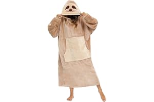 Luojida Coperta con Maniche Plaid Divano con Tasca Felpa Donna con Cappuccio Coperta Indossabile Pile Morbide Calde Flanella Fodera Gigante Divertente Pigiama Donna Invernale(Taglia unica,Bradipo)