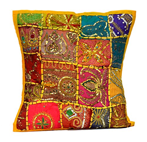 Kissenbezug mit ethnischer Patchwork-Stickerei und Pailletten Traditionell gelb
