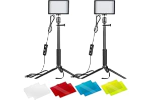 Neewer lampy ściemnialne video LED 5600 K, USB, oświetlenie z regulowanym statywem i filtrami kolorów, do fotografowania na blacie / niski kąt, kolorowe oświetlenie LED, portret produktu, Youtube, fotografia wideo, 2 opakowania