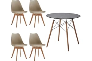 HJhomeheart Tavolo da Pranzo Rotondo con 4 Sedie da Pranzo per Sala da Pranzo Cucina Soggiorno Tavolo da Pranzo in Nero e Sedie Beige