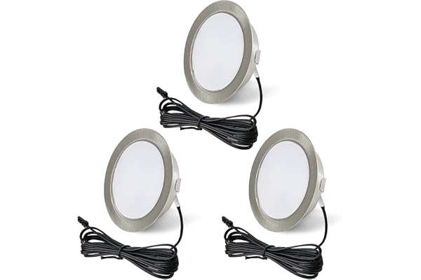 URing Uppsättning av 3 LED-spotlights 12 V 3 000 K varm vit 3,5 W, platt 12 V 300 lm borrhål 55–58 mm och 15 mm, dimbara infällda möbellampor infällda spotlights LED-spot 12 V med 2 m kabel, nickel