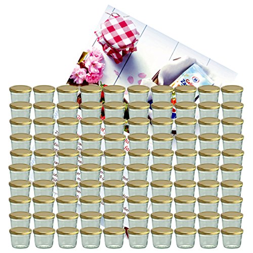 100er Set Sturzglas 230 ml Marmeladenglas Einmachglas Einweckglas To 82 goldener Deckel incl. Diamant-Zucker Gelierzauber Rezeptheft
