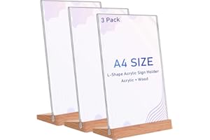 Ayifan Acryl Aufsteller A4 ,3 Stück Tischaufsteller A4 mit Holz Sockelboden,Plakatständer kann Aufsteller Poster, Flyer, Speisekarten, L- Ständer für Werbeaufsteller,Restaurant,Theke