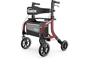ZENBON Déambulateur pliable en aluminium avec siège : déambulateur pour personnes âgées Déambulateur léger pliable - Déambulateur voyage réglable en hauteur avec porte-canne et sac courses amovible (Rouge)