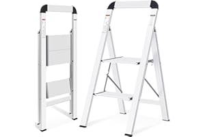 KINGRACK Escabeau 2 marches Aluminium, Pliant avec Main Courante, ménager antidérapant avec sécurité Pliante, en Aluminium, Charge maximale 150 kg, 3 marches argenté