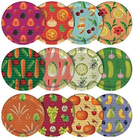 Mortier Pilon Mason Jar Lids-Set of 12 (Design-Food Pattern), White, 7.03 x 7.03 x 2.77 cm