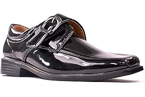 BARTIUM Boys Formal Dress Black Patent Shoes, Kids Hook and Loop with Buckle Low Block Heel Attractive Shoes, Black Brogues Smart Casual Shoes for Party Wedding