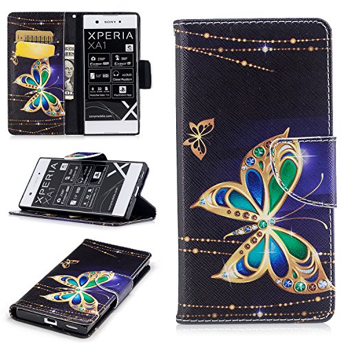 Sony Xperia XA1 Case,Sony Xperia XA1 Case Leather ,Sony Xperia XA1 Case Wallet -COZY HUT Colorful Painting PU Leather Notebook Design Flip Cover Folio Inlaid Inner Soft TPU Case with [Card Slot] [Built Stand] [Magnetic Closure][Wallet Function] Protective Skin Durable Case for Sony Xperia XA1 Model - Golden Butterfly