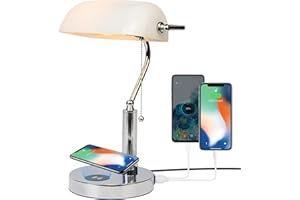 FIRVRE Lampada da scrivania banchieri in bianco vetro Lampada da tavolo vintage classica con caricatore wireless e porta USB Interruttore a catena in metallo antico in ottone