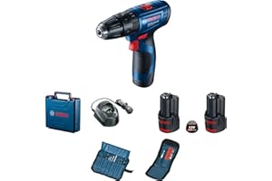 Bosch Professional system 12V: akumulatorowa wiertarko-wkrętarka udarowa GSB 120-LI (2 akumulatory GBA 12V 2.0Ah, ładowarka GAL 1210 CV, 23-częściowy zestaw wierteł i końcówek, walizka)