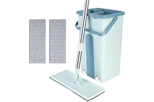 MAYMA Seau et Balai Serpillère,Serpillières Plates pour la Maison,Ensemble de Vadrouille et de Seau Comprend1 Tige de Vadrouille,1 Seau,2 Têtes en Microfibre Réutilisables (A*Vert)