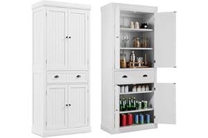 COSTWAY Szafka kuchenna z drewna, szafka bufetowa z regulowanymi półkami, 4 drzwi i szuflady, wysoka szafka bufet kuchenny, wolnostojąca do kuchni, jadalni, salonu, 76 x 40 x 183 cm (biała)