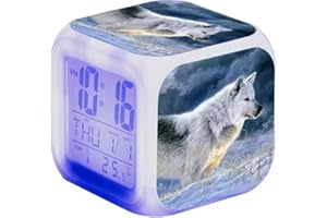 NICOLE KNUPFER Wolf Wecker Kinder Wecker LED Night Nachttischwecker Quadrat Beleuchteter LCD Uhr Wake Up Wecker Geschenk Muster Wolf (#16)
