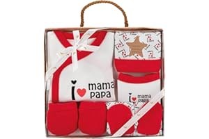 VARIOUSS Set Regalo Primera puesta de 5 Piezas I Love Mamá Papá, Algodón Orgánico e Hipoalergénico Topitos De 0 a 6 meses aprox (Rojo)