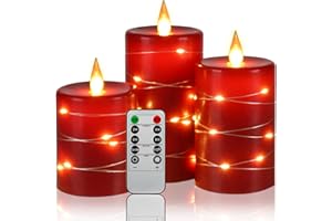 DA BY Bougies LED Angle de vision de 360 ​​degrés, avec guirlandes lumineuses étoilées, lot de 3 bougies LED, avec télécommande à 10 touches, fonction minuterie 24 heures, flamme dansante (Rouge).