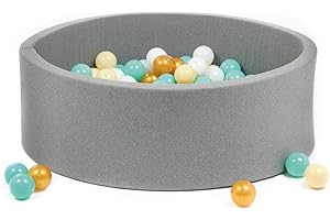 LUDI - Piscine à Balles Ronde en Mousse - Ø 90 cm x H 30 cm - pour Bébé dès 6 Mois - 100 Balles Incluses - Tissu Doux et Lavable - Couleur Gris - Favorise Motricité et Coordination - Facile à Monter