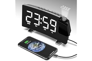VORRINC Despertador de Proyección Radio Despertador Digital, Reloj Despertado con proyección de 180° Giratorio 2 Alarmas, Puerto USB, 8 Pulgadas Pantalla LED Espejo, para Casa Dormitorio Oficina