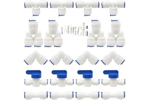 CESFONJER 1/4" Conector, Ósmosis Inversa Válvula De Cierre En Línea, RO Osmosis Inversa Sistema de Filtro Paquete de 20 (Y + T + I + L Combo + Válvula de Cierre)