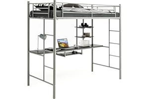 ‎GIANTEX GIANTEX Hochbett mit Schreibtisch, 200x95x180,5cm, Etagenbett Kinderbett mit 2 Leitern & hohem Bettschutzgitter, Stockbett Kinder-Hochbett, Bettrahmen aus Metall 150 kg Belastung (Silbergrau)