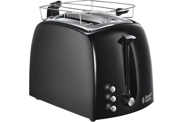 Russell Hobbs brödrost, 2 skivor, extra breda fack, inkl. toasttång, uppvärmningsgaller, justerbar rostningsgrad, upptiningsfunktion, 850W, svart, Texture Plus 22601-56