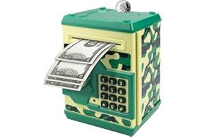 Vommery Hucha para niños de Juguete, Mini Caja Fuerte electrónica para cajero automático Bancos con Bloqueo de contraseña & Desplazamiento automático de Dinero para niños niñas (Verde Camuflaje)