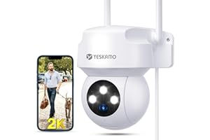 YESKAMO 2K Cámara Vigilancia WiFi Exterior o Interior con Eléctrica 360 Grados, 2.4G Wi-Fi Cámara IP Domicilio IP66 Sensor de PIR, Seguimiento Automático Visión Nocturna Grabación Continua con Alexa