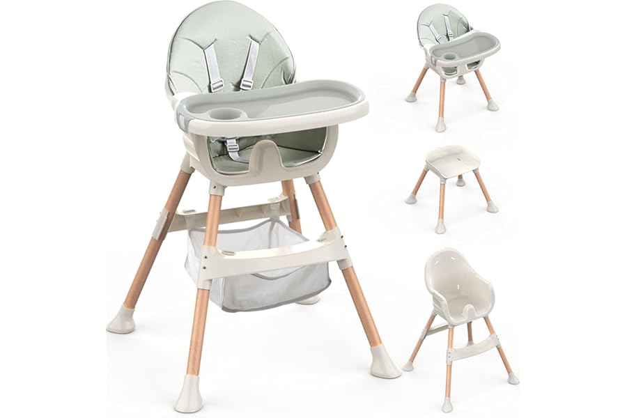 Baby High Chair, 4-in-1 Convertible Highchairs, Adjustable Height,Comfortable Toddler Chair & Table,Removable Double Tray,Ergonomic Feeding Portable for 6 Months to 5 Years,Green